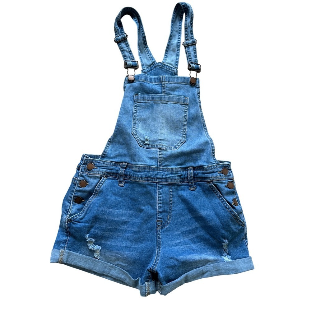Encore Denim Overalls‎ Distressed Cuffed Hem Adjustable Straps Size 7